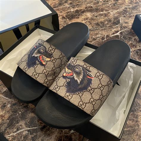 gucci supreme slides with wolf|Gucci slides with strawberry.